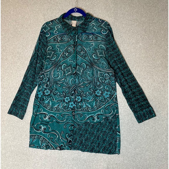 Kane & Unke Tops - Karen Kane Sheer‎ Tunic Top Womens Size 12/14 Green Floral Button Up Longsleeve